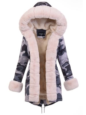 Women's winter fur coat camouflage with natural fur