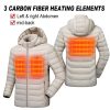 Heated ladies jacket with battery pack and detachable hood