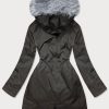 Women's Khaki Grey Fur Winter Parka