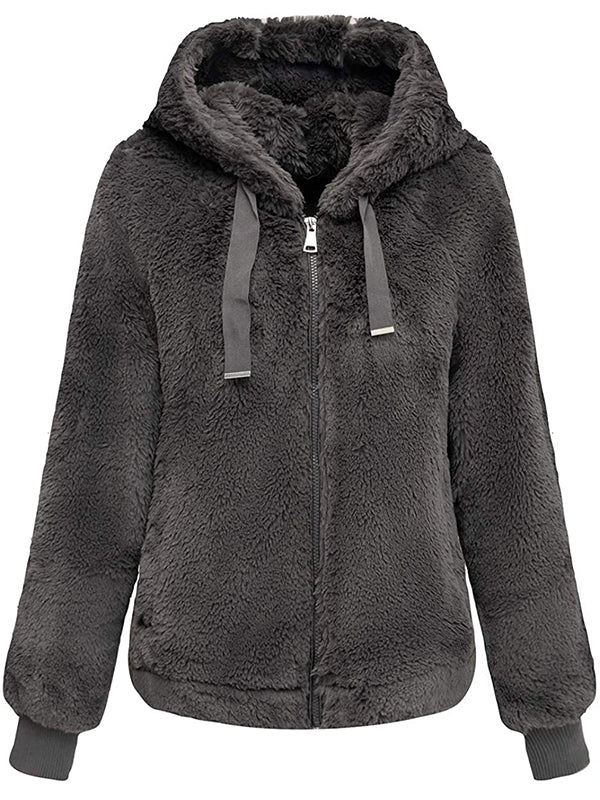 Ladies faux fur coat, hooded coat with two side pockets