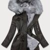 Women's Khaki Grey Fur Winter Parka