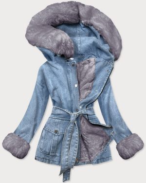 Women's fur lining denim jacket blue-grey