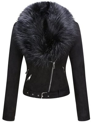 Ladies PU autumn and winter short leather jacket with detachable faux fur collar and zipper