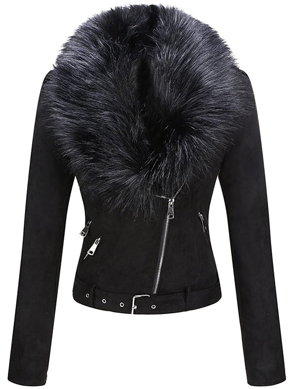 Ladies PU autumn and winter short leather jacket with detachable faux fur collar and zipper