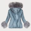Blue Women's Short Jeans Jacket with Fur Lining-Gray