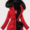 Women's black fur red winter parka coat