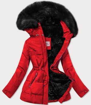 Women's black fur red winter parka coat