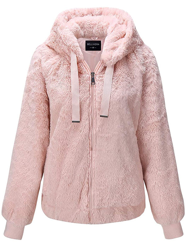 Ladies faux fur coat, hooded coat with two side pockets