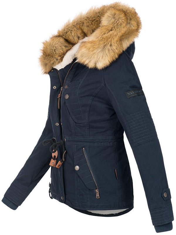 Warm ladies designer winter jacket with hood and teddy fur