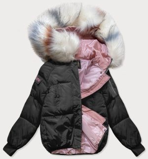 Women's short oversized winter jacket black/pink