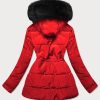 Women's black fur red winter parka coat