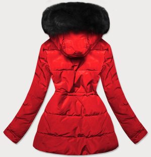 Women's black fur red winter parka coat