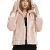 Ladies faux fur coat, hooded coat with two side pockets