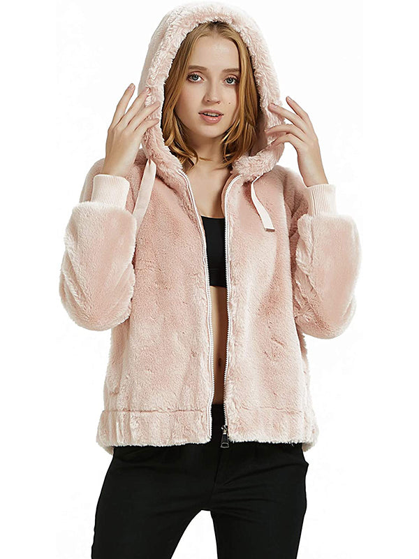 Ladies faux fur coat, hooded coat with two side pockets