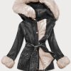 Women's Fur Lining Denim Jacket Black-Beige