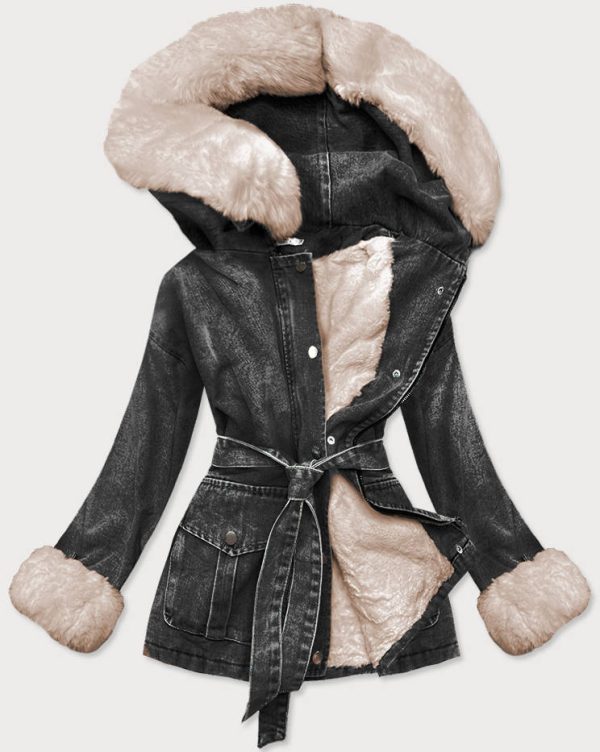 Women's Fur Lining Denim Jacket Black-Beige