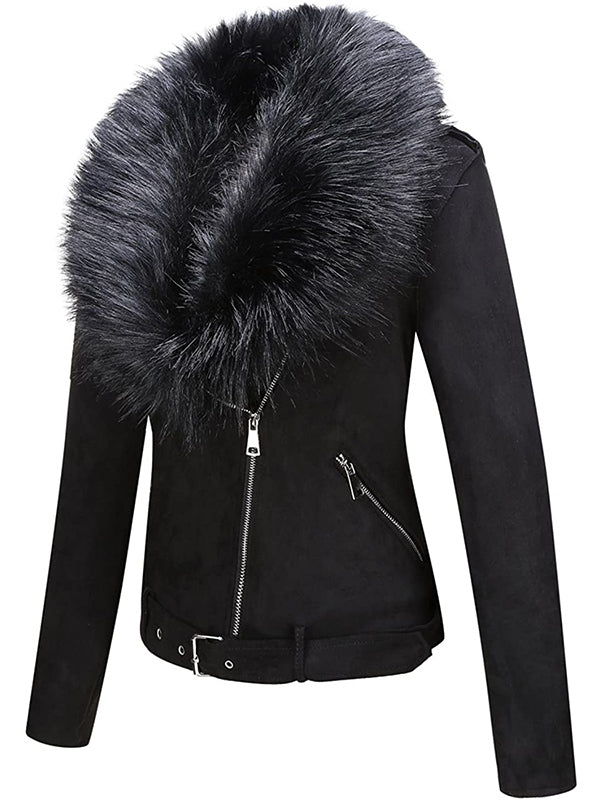 Ladies PU autumn and winter short leather jacket with detachable faux fur collar and zipper