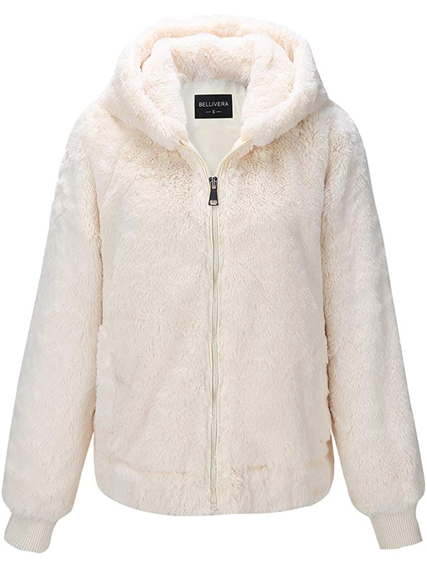 Ladies faux fur coat, hooded coat with two side pockets