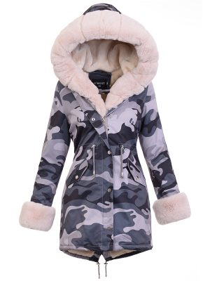 Women's winter fur coat camouflage with natural fur